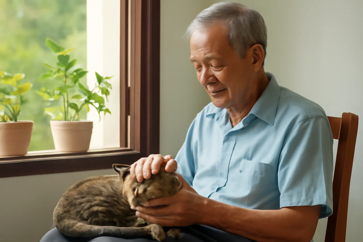 Ông cụ ngồi trên ghế gỗ cạnh cửa sổ, một con mèo mướp nằm cuộn tròn trên đùi