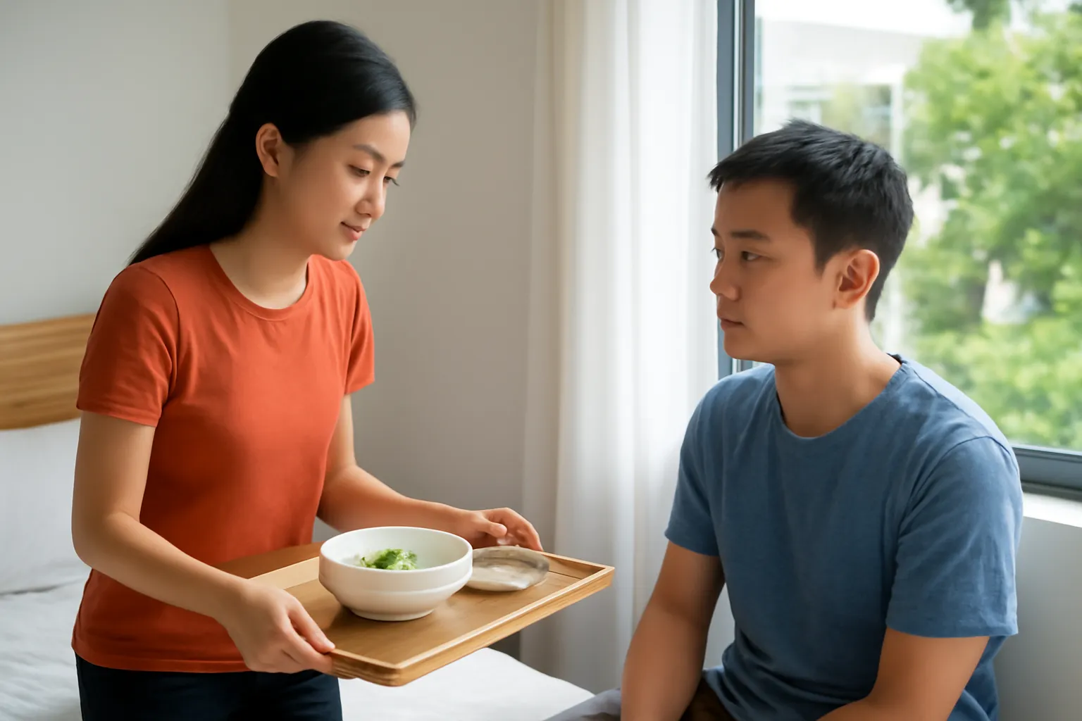 Cô gái mang khay cháo vào cho người anh ngồi lặng bên cửa sổ