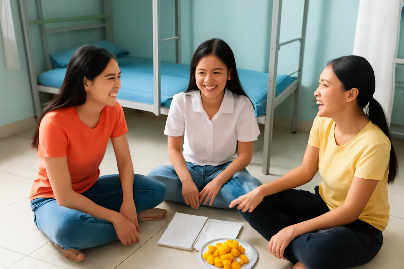 Ba cô gái trẻ ngồi trên sàn phòng trọ cùng bàn bạc