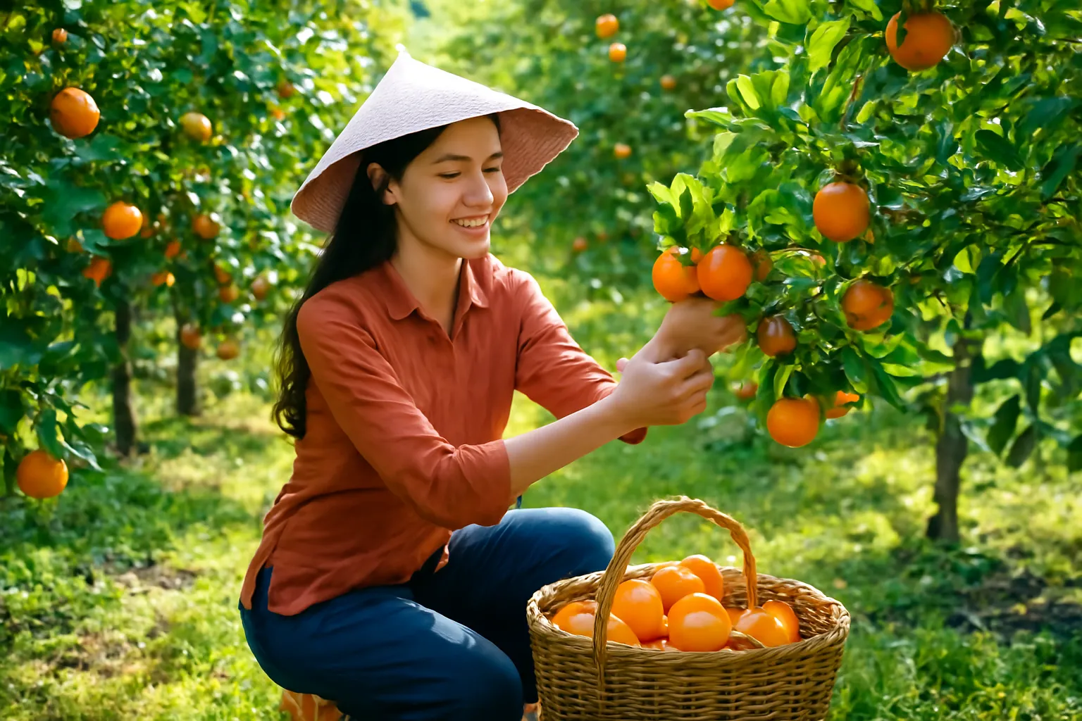 Cô gái trẻ thu hoạch cam trong vườn nhà, giỏ cam đầy bên cạnh