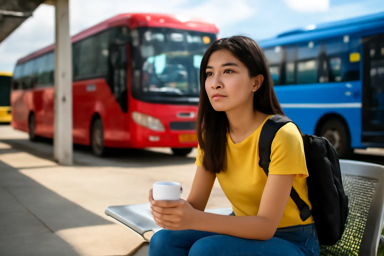 Cô gái trẻ đeo ba lô ngồi chờ trên băng ghế bến xe khách