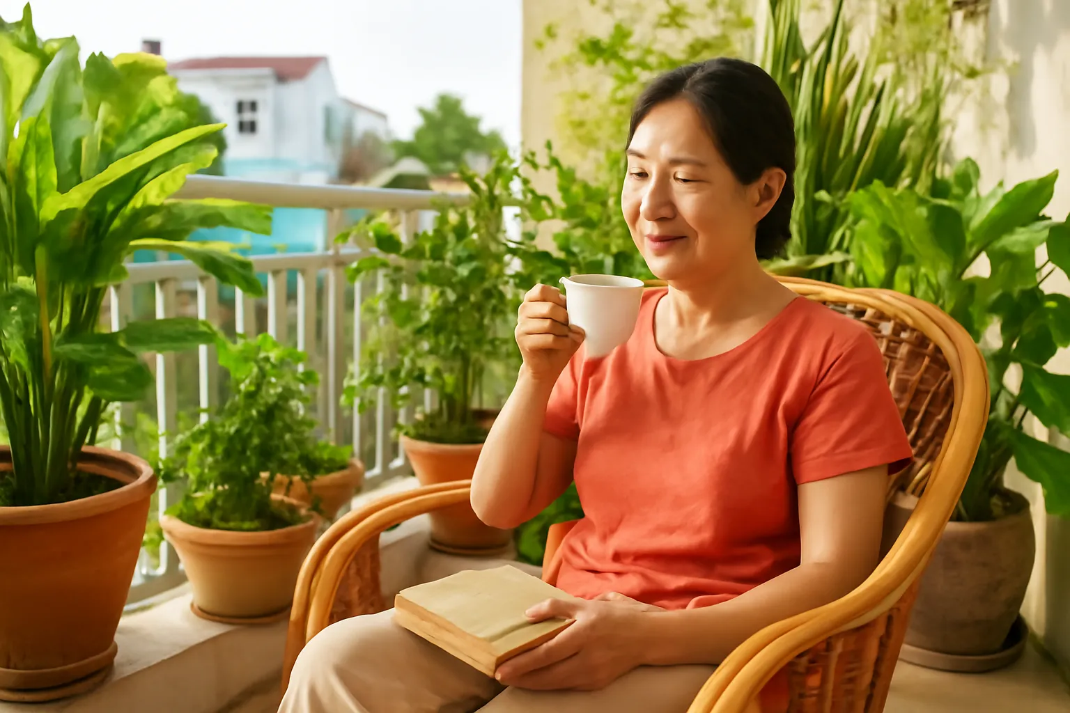 Người phụ nữ trung niên ngồi uống trà, cuốn sách gấp trên đùi, trên ghế mây ở ban công đầy cây