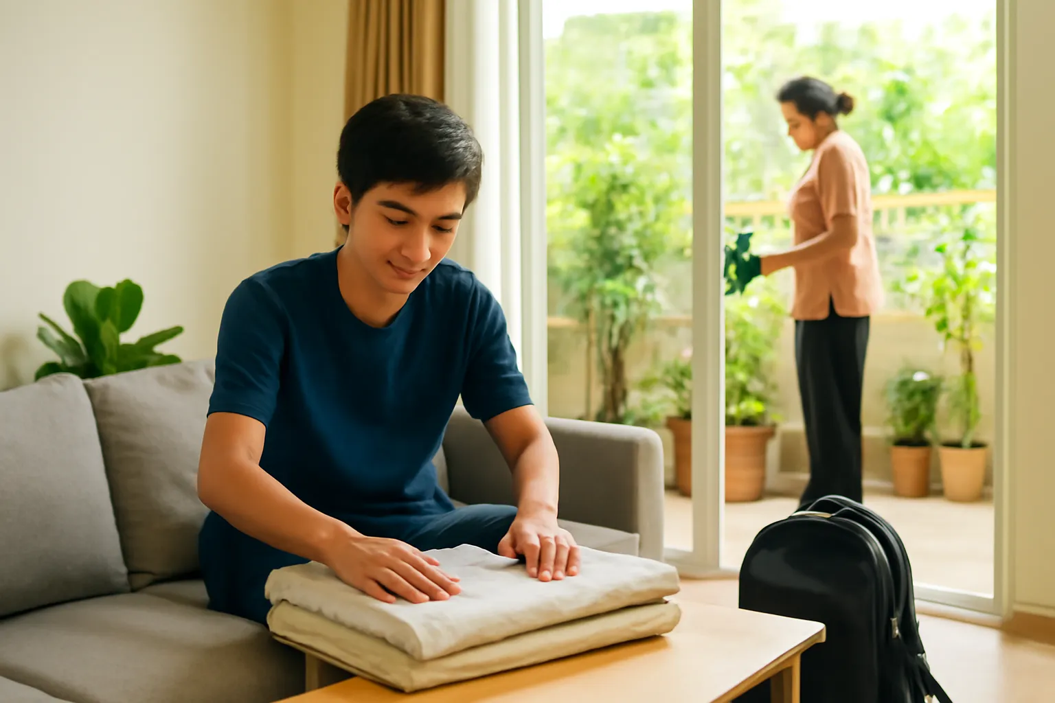 Chàng trai trẻ gấp chăn trên giường phòng khách nhà người quen
