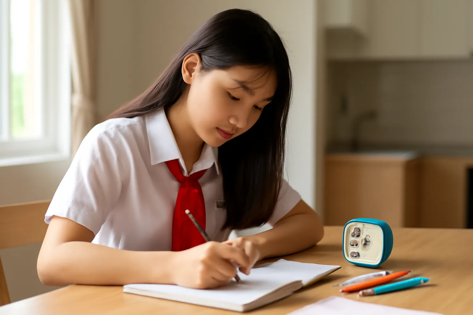 Nữ sinh ngồi ôn bài ở bàn trong nhà với đồng hồ hẹn giờ nhỏ
