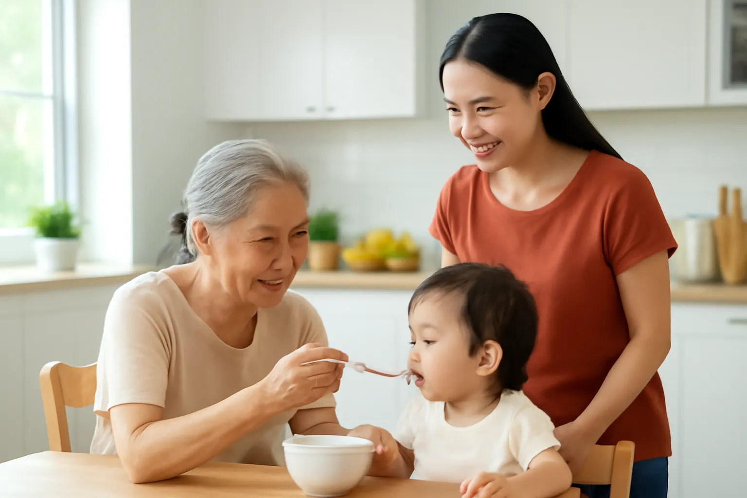 Bà nội đút cháo cho cháu nhỏ trong bếp, người mẹ đứng cạnh mỉm cười