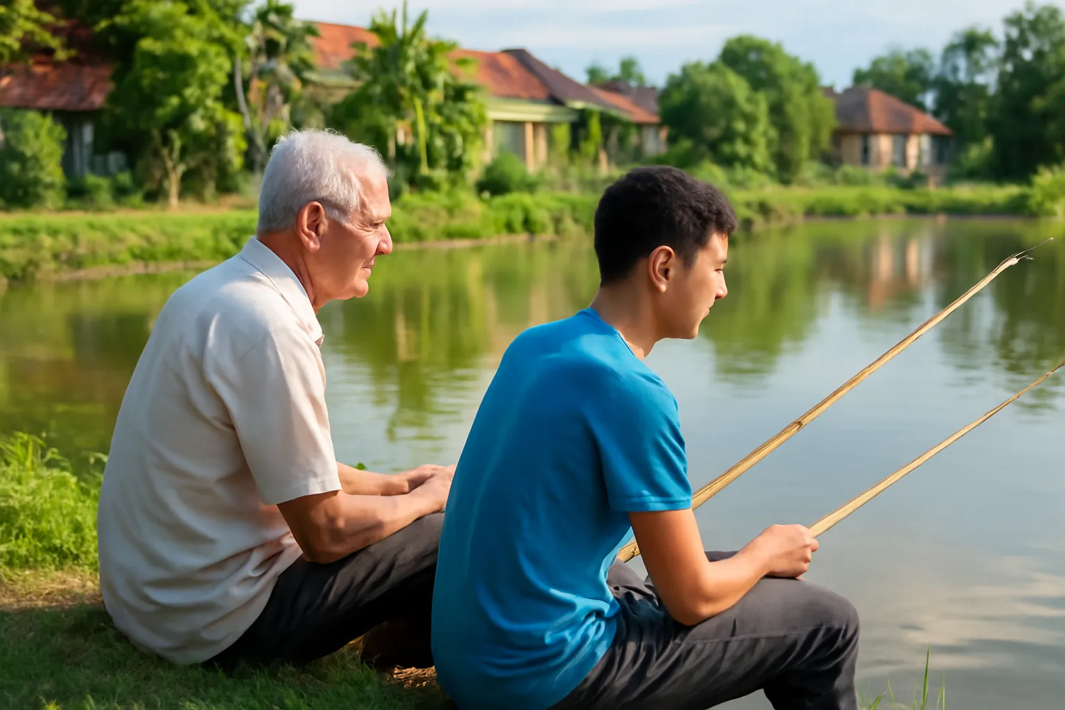 Ông nội và cậu cháu tuổi mới lớn ngồi câu cá bên bờ ao buổi chiều