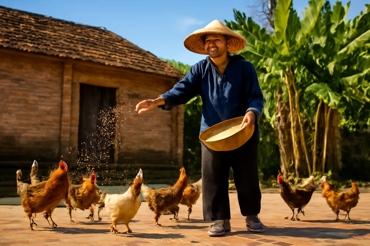 Bà cụ rải thóc cho đàn gà trong sân nhà ở quê buổi sáng