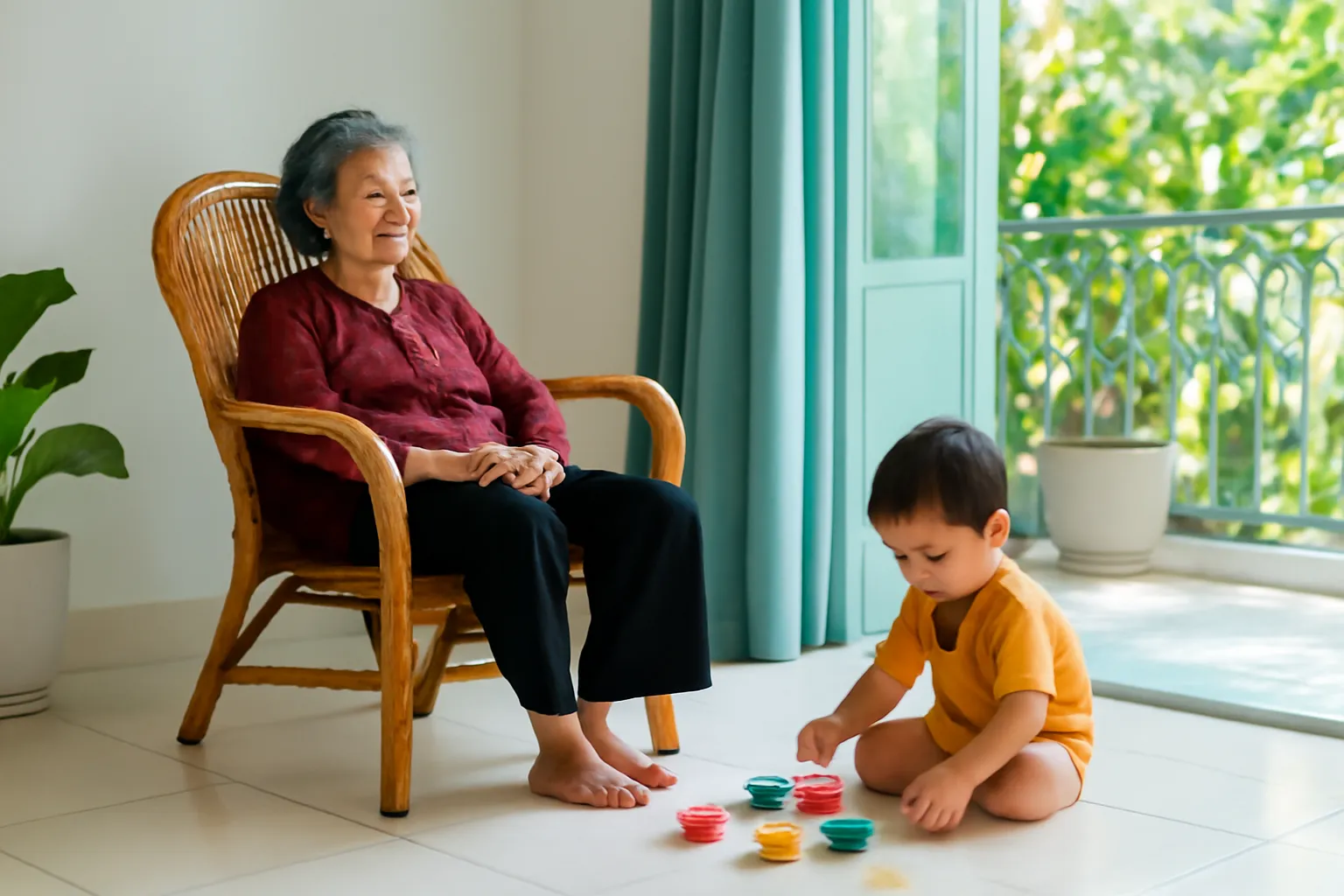 Bà ngoại ngồi nghỉ trên ghế mây trong khi cháu nhỏ chơi xếp hình dưới sàn