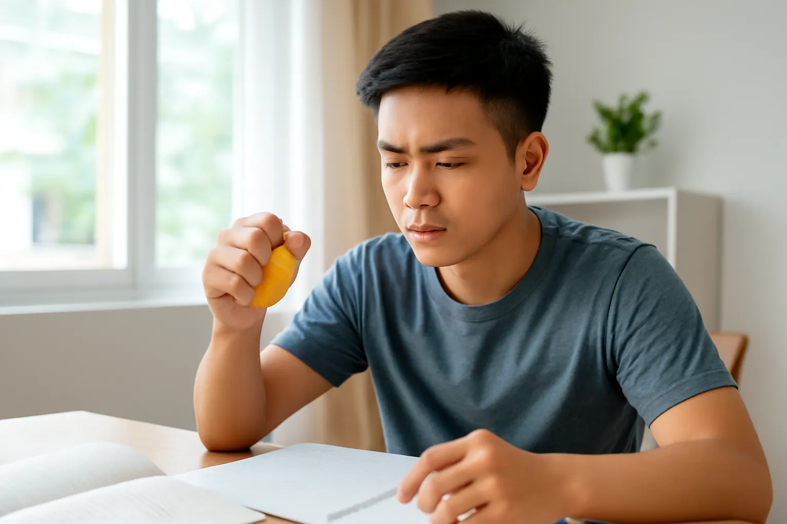 Chàng sinh viên ngồi ôn bài, tay bóp quả bóng cao su nhỏ