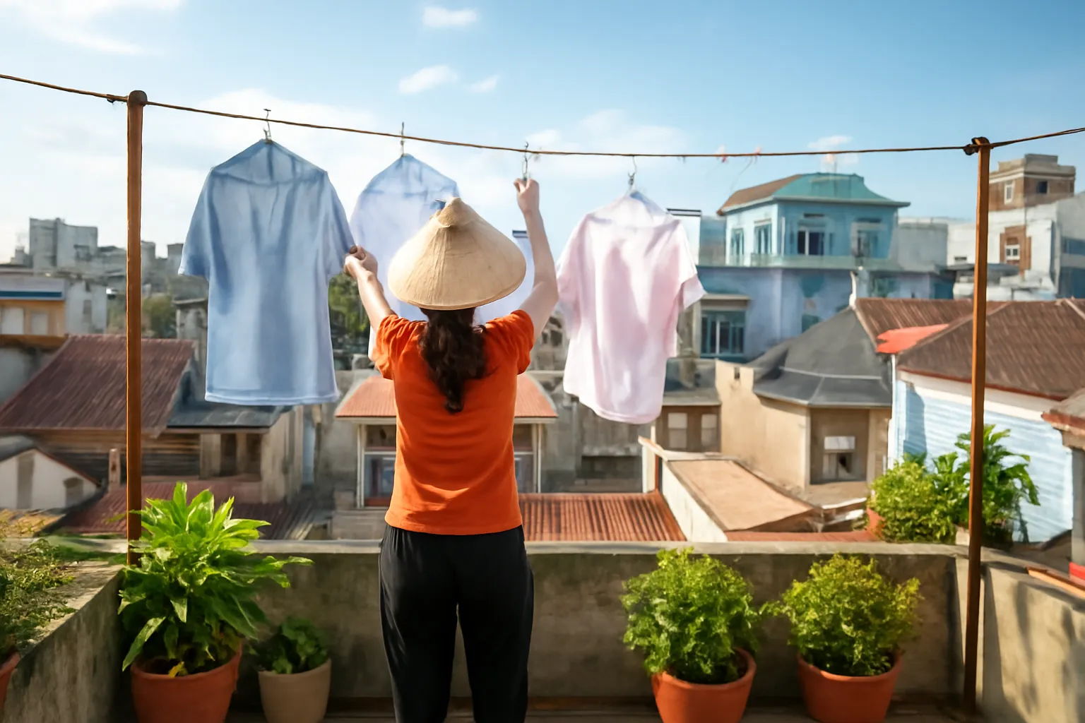 Người phụ nữ phơi quần áo trên dây ở sân thượng dưới nắng sáng