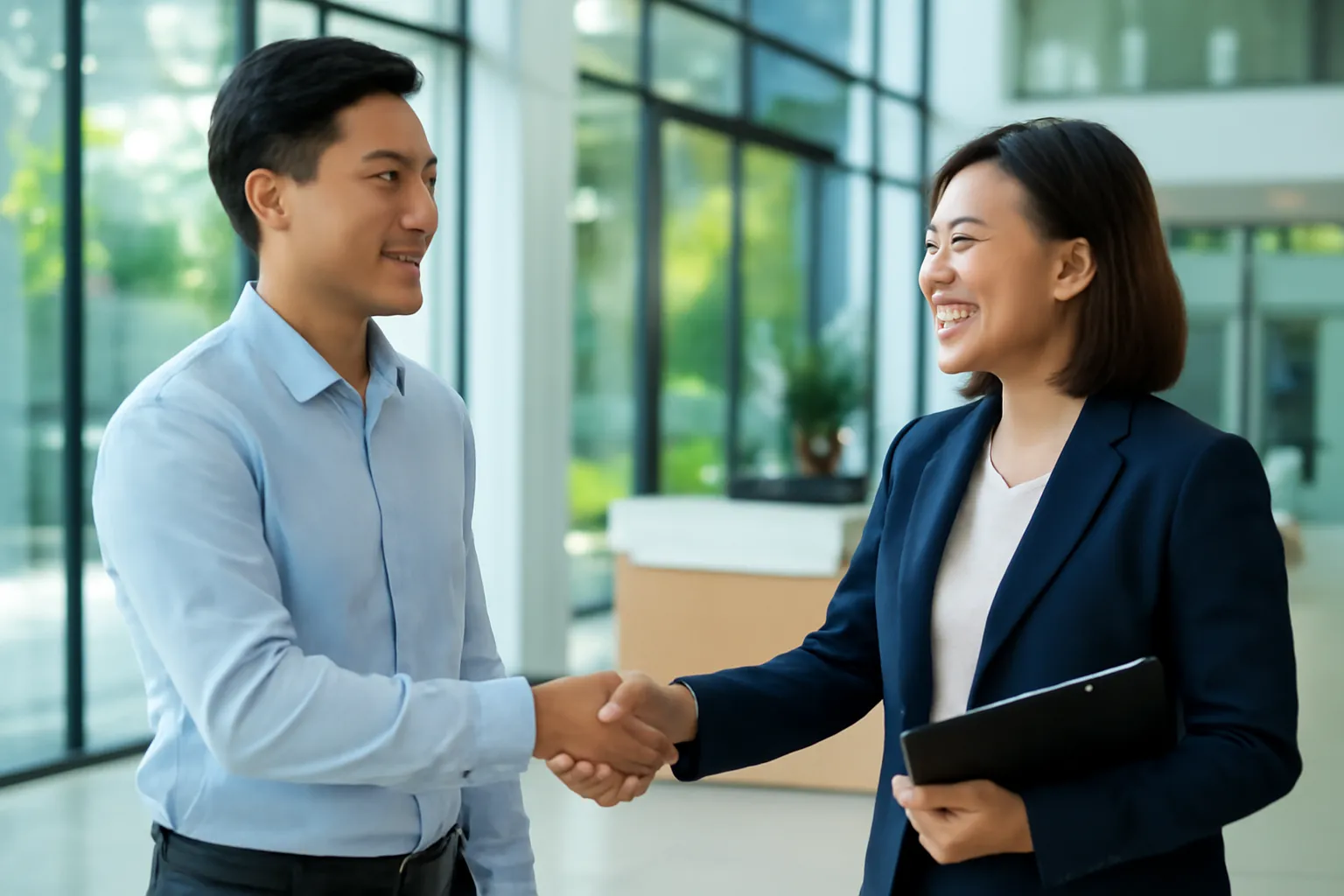 Chàng trai trẻ mặc sơ mi bắt tay người phỏng vấn ở sảnh văn phòng có vách kính