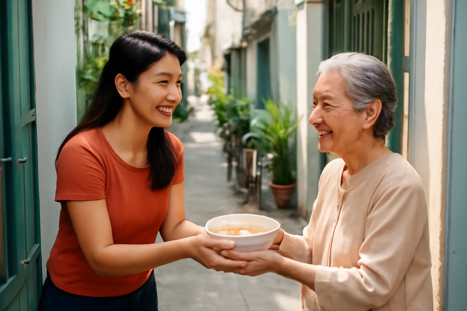 Cô gái trẻ đưa bát canh cho bà cụ hàng xóm ở cổng một ngôi nhà trong hẻm nhỏ