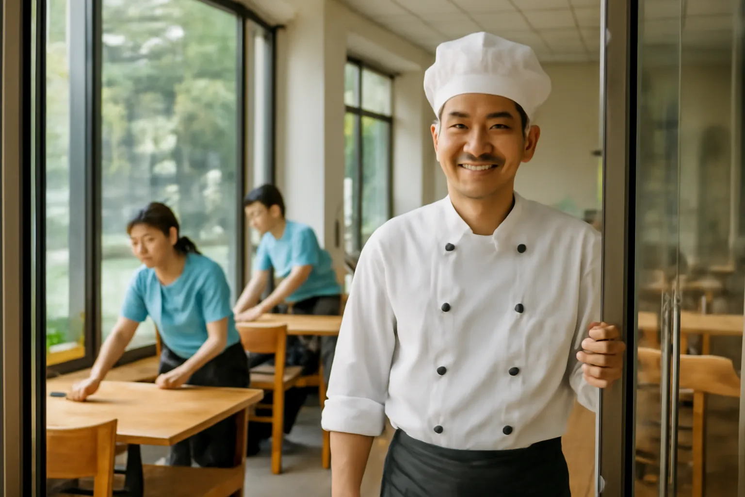 Người đàn ông đẩy cửa kính bước vào nhà hàng sáng sớm, nhân viên đang lau bàn