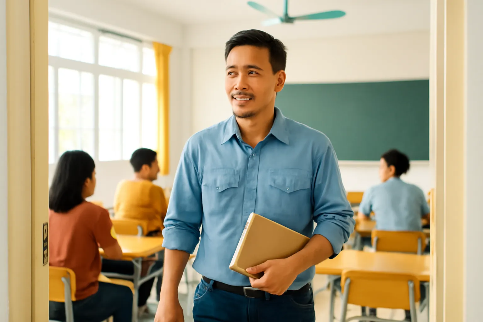 Người đàn ông mặc áo bảo hộ bước vào lớp học buổi tối có đèn sáng