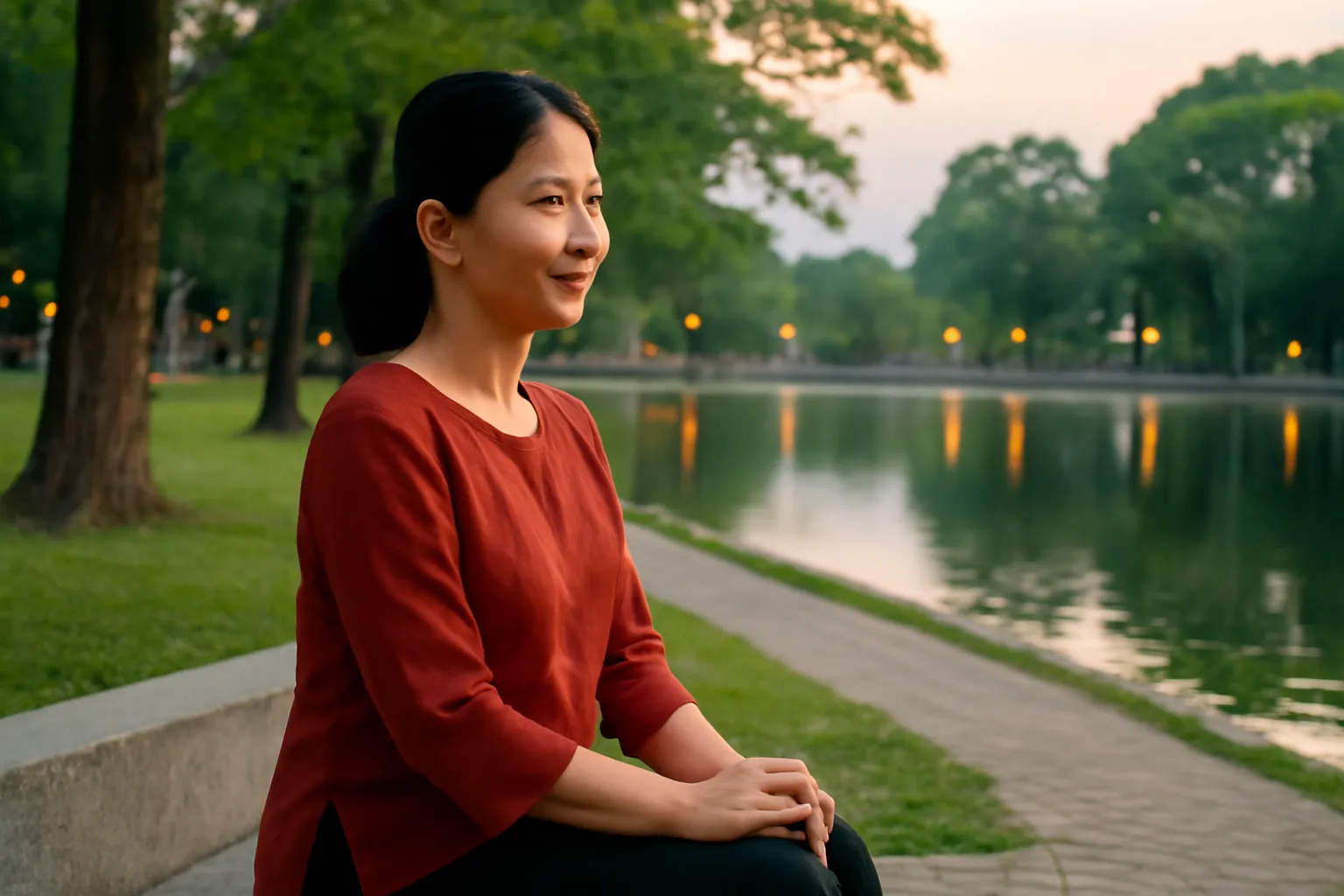 Người phụ nữ ngồi trên ghế đá công viên lúc chạng vạng, mỉm cười nhẹ nhàng