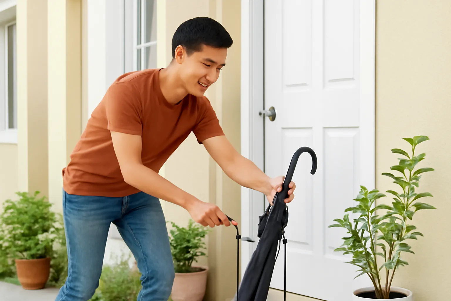Người đàn ông trẻ đặt chiếc ô gấp gọn cạnh cửa nhà trong ngày nắng
