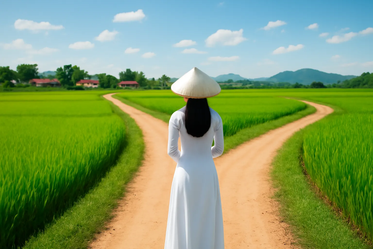 Cô gái trẻ đứng ở ngã ba đường làng, nhìn hai lối rẽ