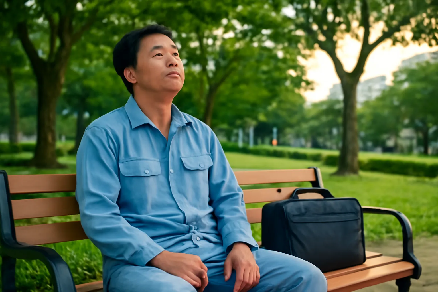 Người đàn ông ngồi trên ghế đá công viên lúc chiều tối, hít thở sâu, nhắm mắt