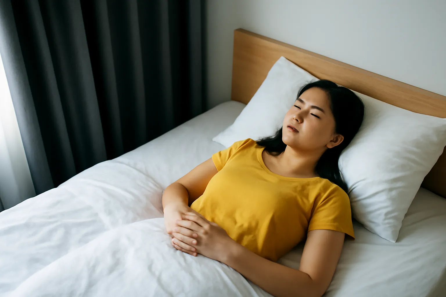 Người phụ nữ nằm nghỉ trên giường giữa trưa, rèm kéo kín, ánh sáng mềm lọt qua mép rèm