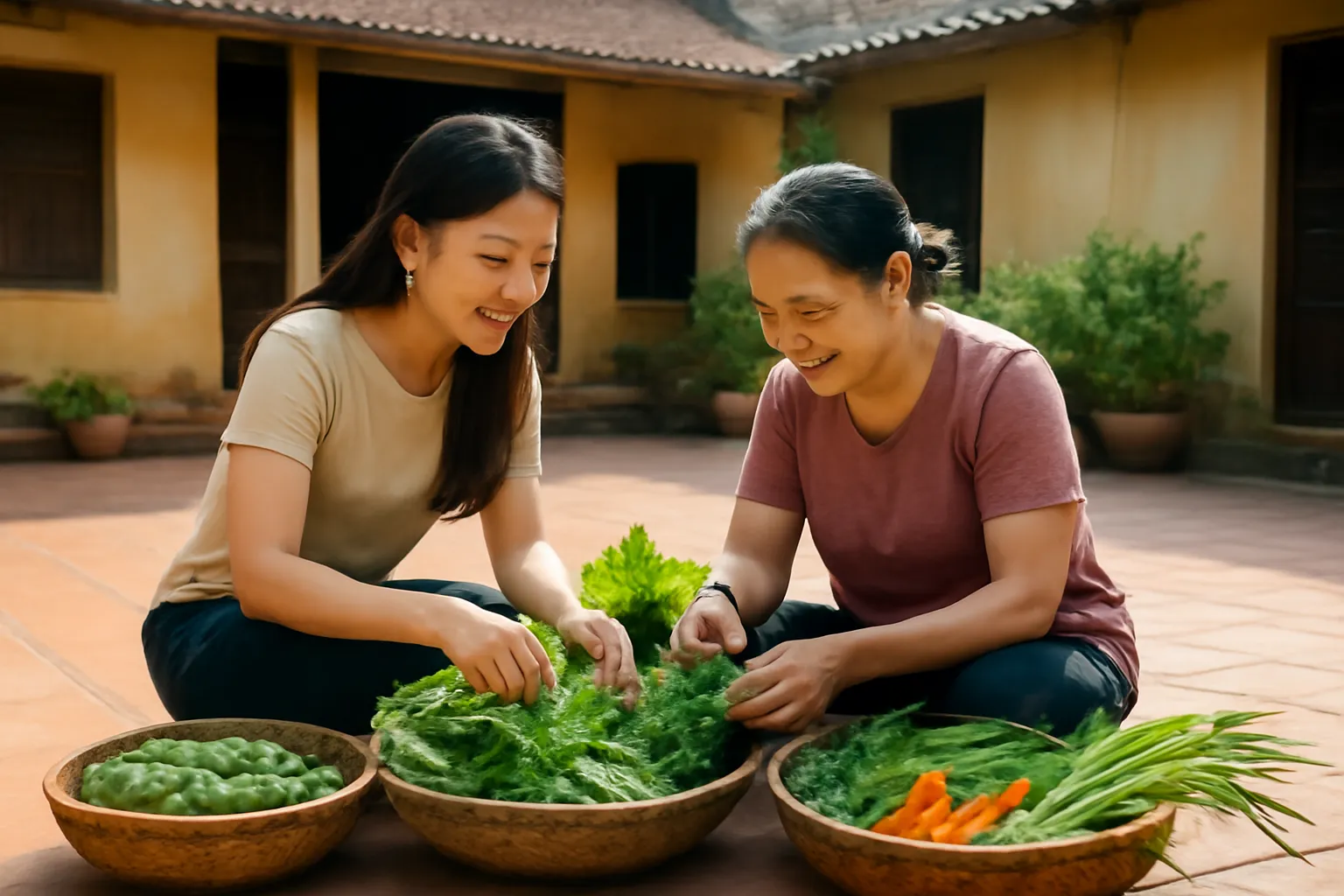 Cô gái trẻ ngồi nhặt rau cùng mẹ ở sân nhà, nắng sớm