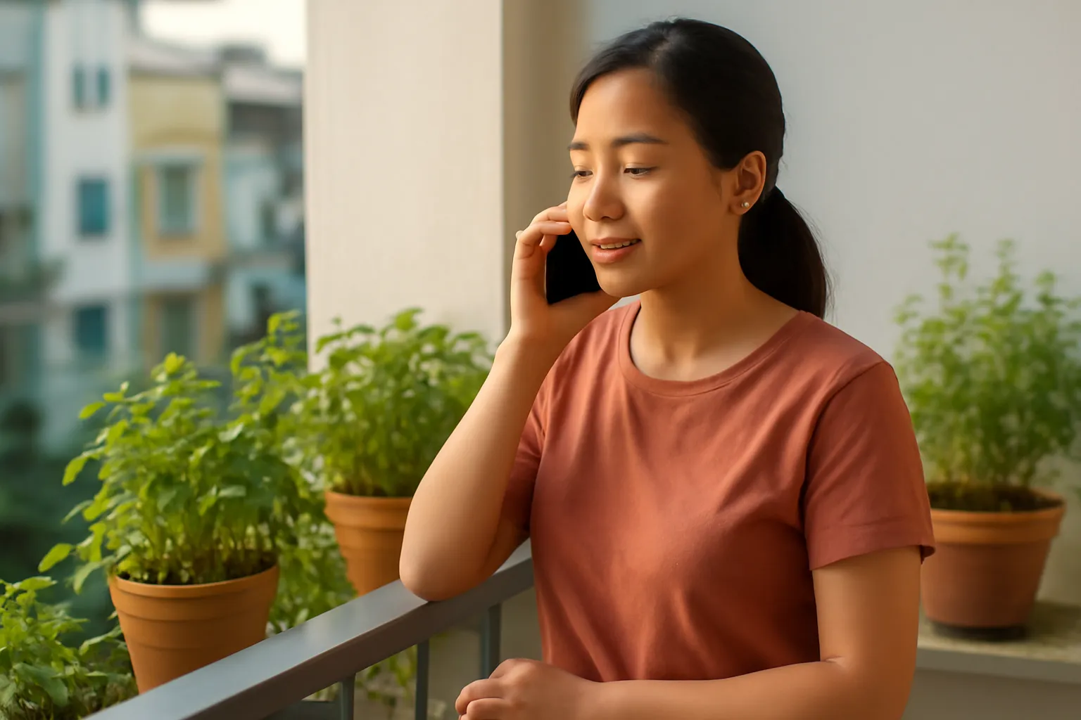 Người phụ nữ đứng bên lan can ban công kết thúc cuộc gọi dài, nét mặt nhẹ nhõm