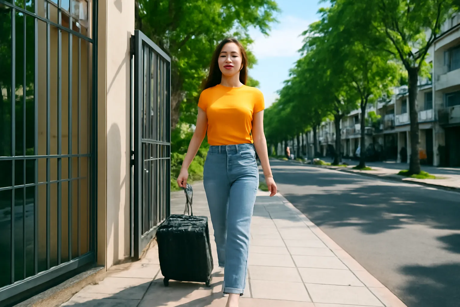 Người phụ nữ trẻ kéo vali bước ra khỏi cổng chung cư vào buổi sáng nắng, ngẩng đầu