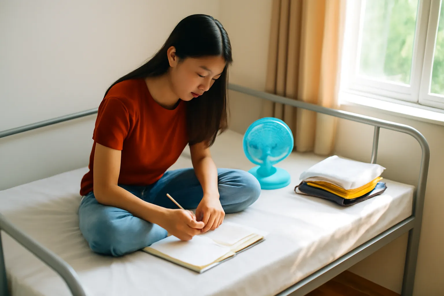 Cô tân sinh viên ngồi trên giường tầng ký túc xá viết vào sổ tay