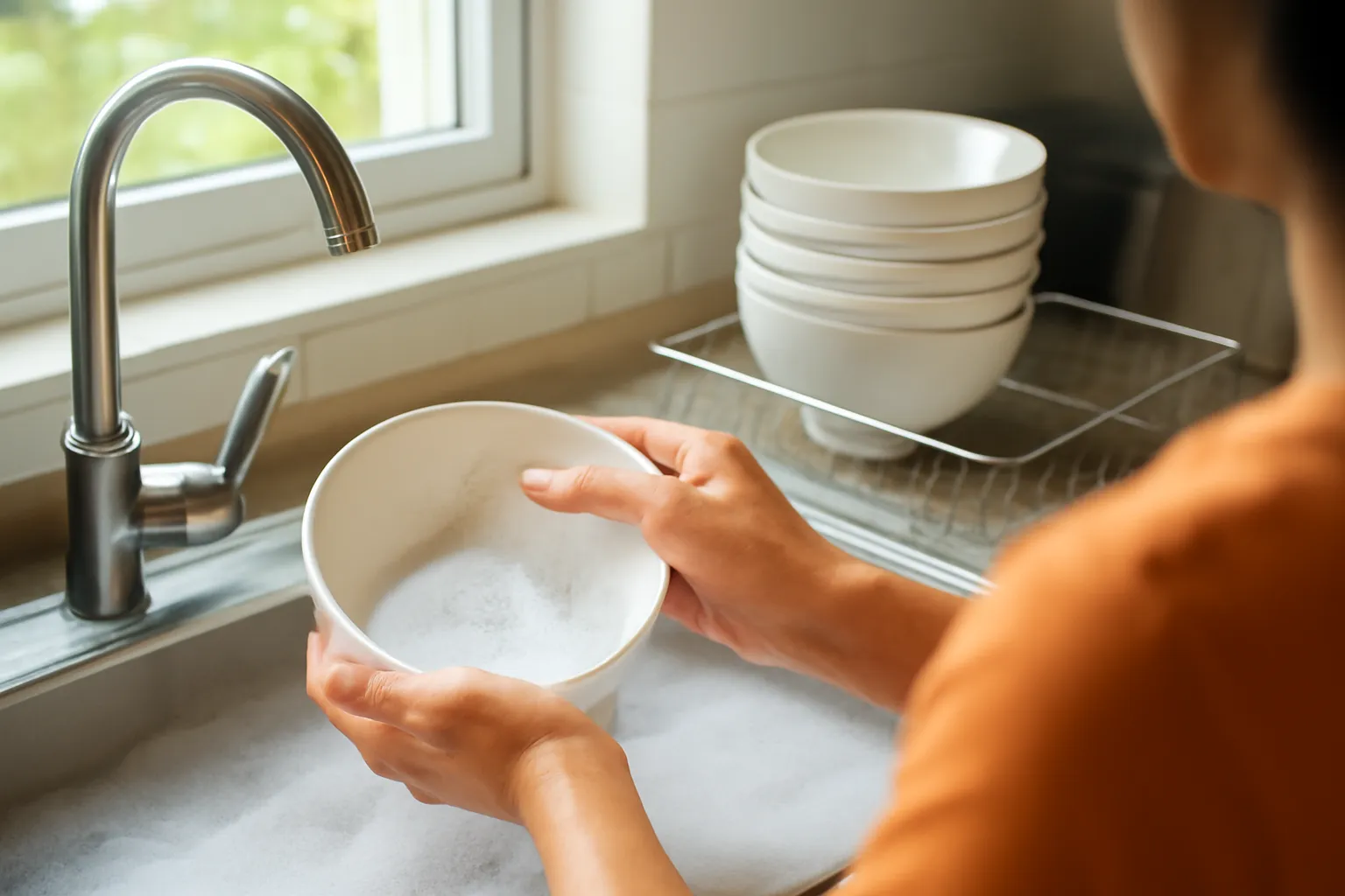 Đôi tay rửa chồng bát sứ trong bồn đầy bọt xà phòng bên cửa sổ