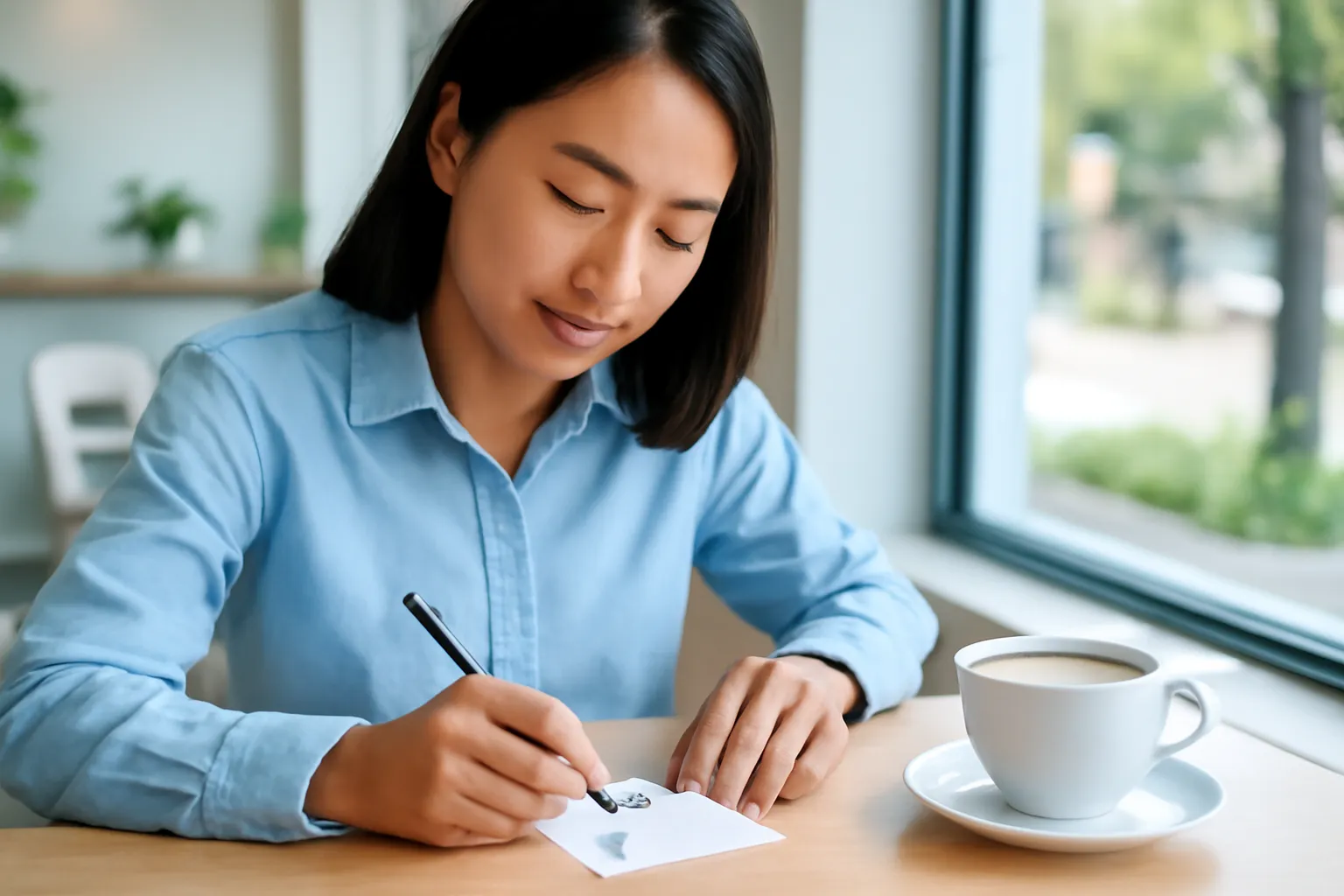 Người phụ nữ văn phòng viết danh sách việc trên tờ giấy nhỏ bên tách cà phê buổi sáng