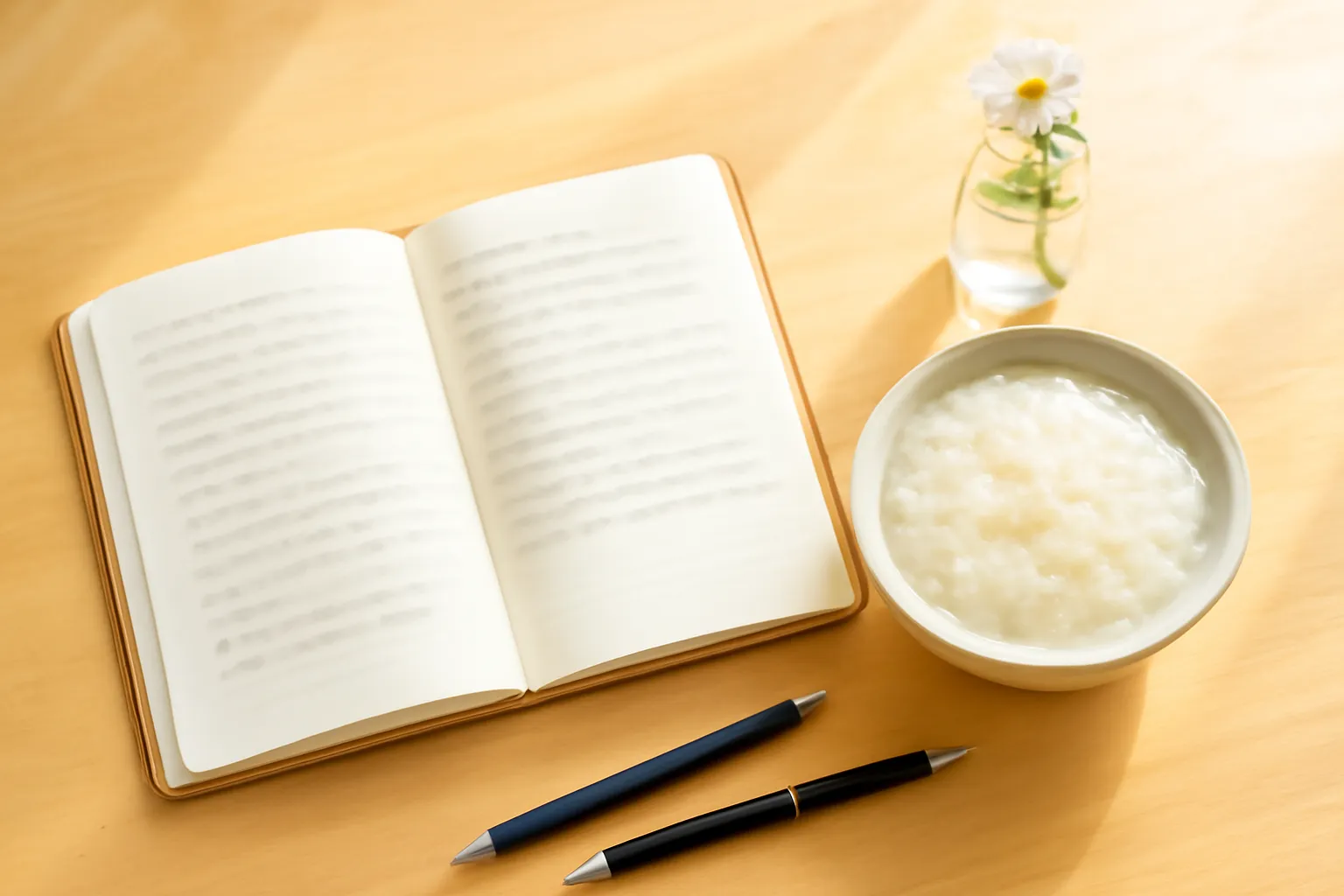 Cuốn sổ mở trên bàn bếp với hai cây bút, ánh sáng buổi sáng
