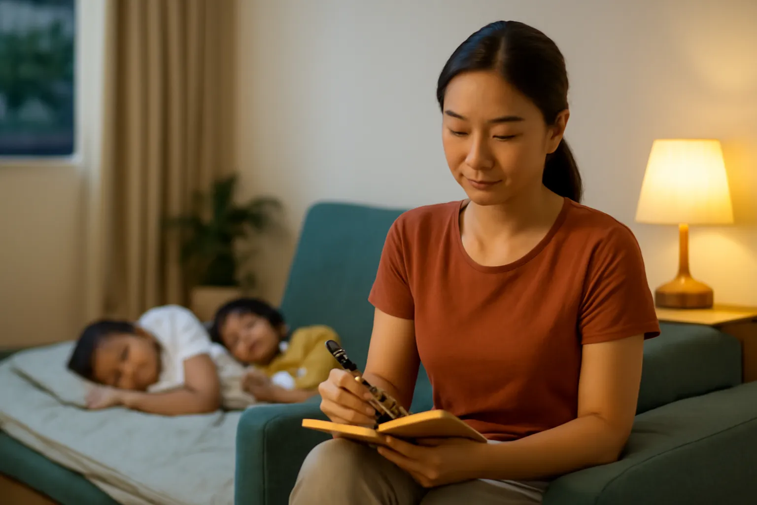 Người mẹ ngồi trên ghế sofa viết vào cuốn sổ nhỏ khi các con đã ngủ