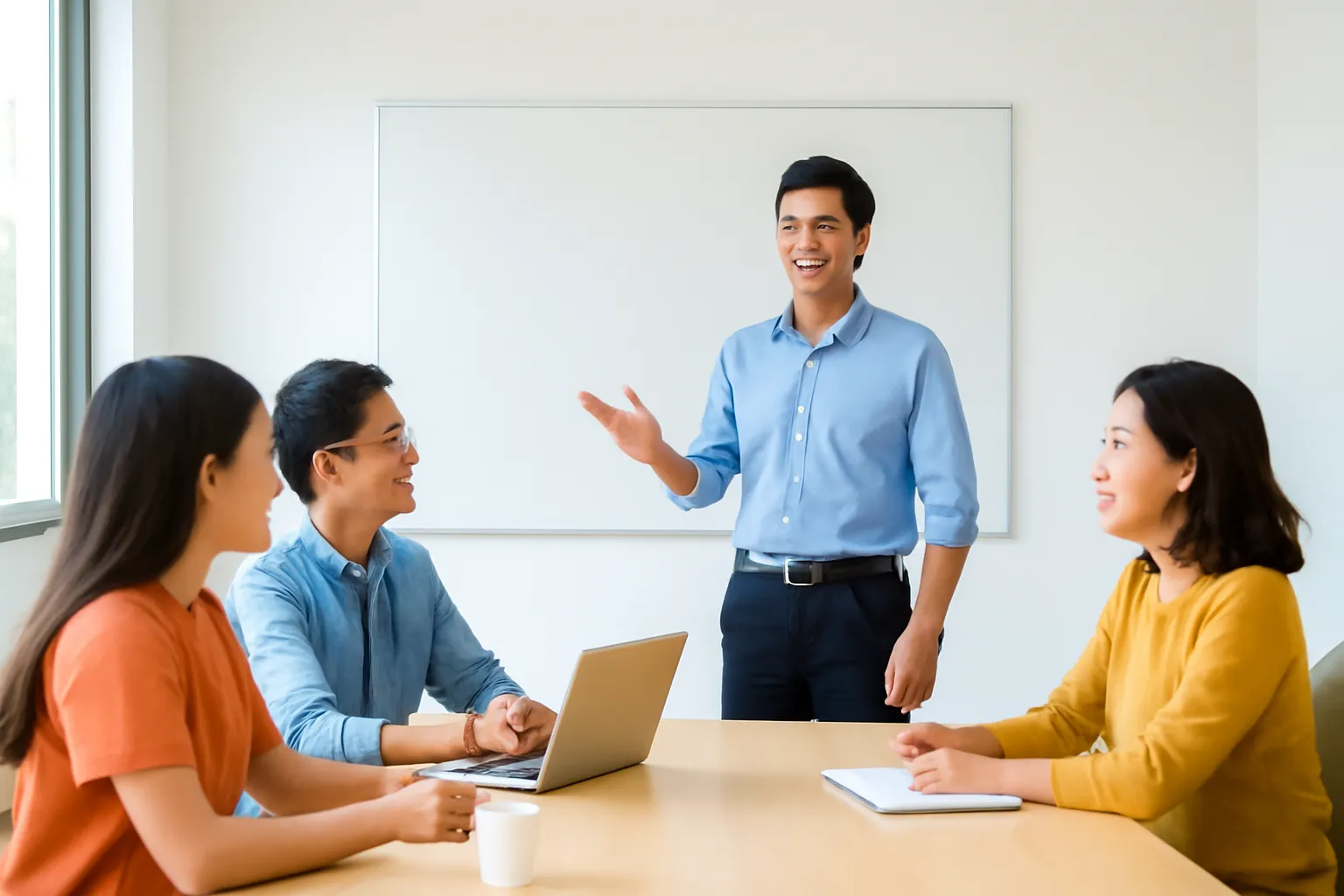 Chàng trai trẻ đứng giữa phòng họp nhỏ chuẩn bị trình bày, đồng nghiệp mỉm cười