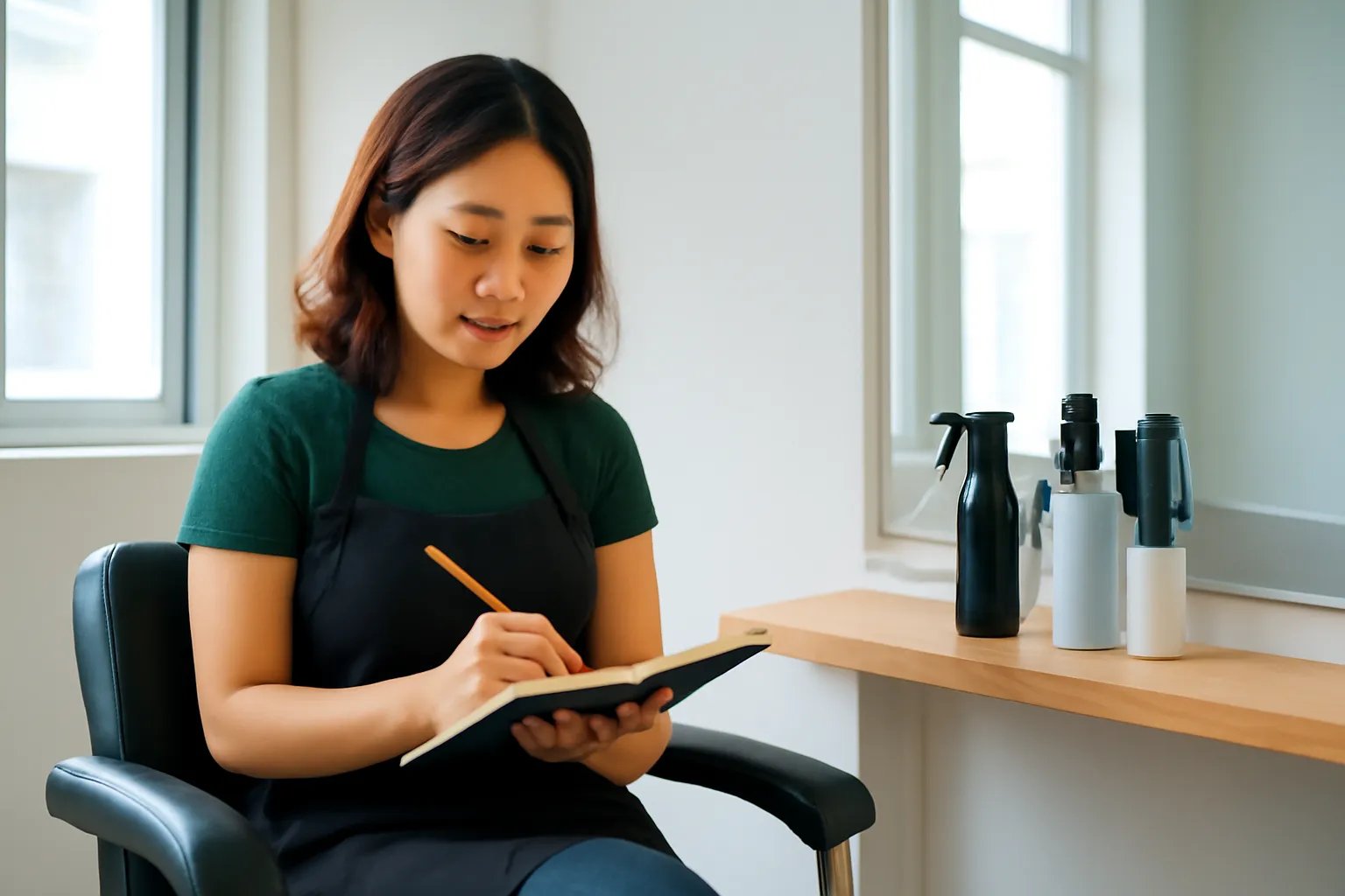 Cô thợ làm tóc viết sổ trong tiệm vắng khách