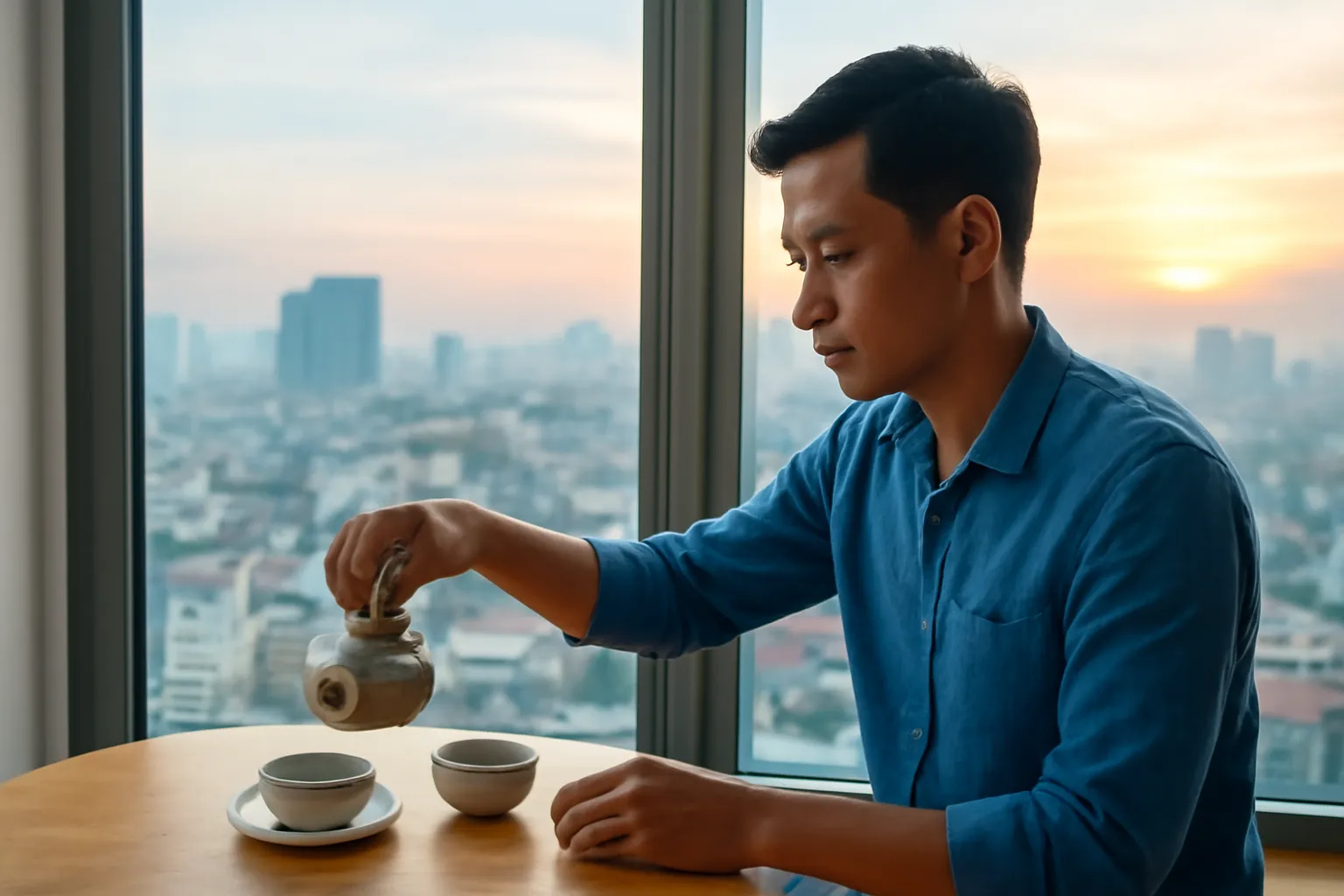 Người đàn ông pha trà chậm rãi bên cửa sổ căn hộ cao tầng nhìn ra thành phố buổi sớm