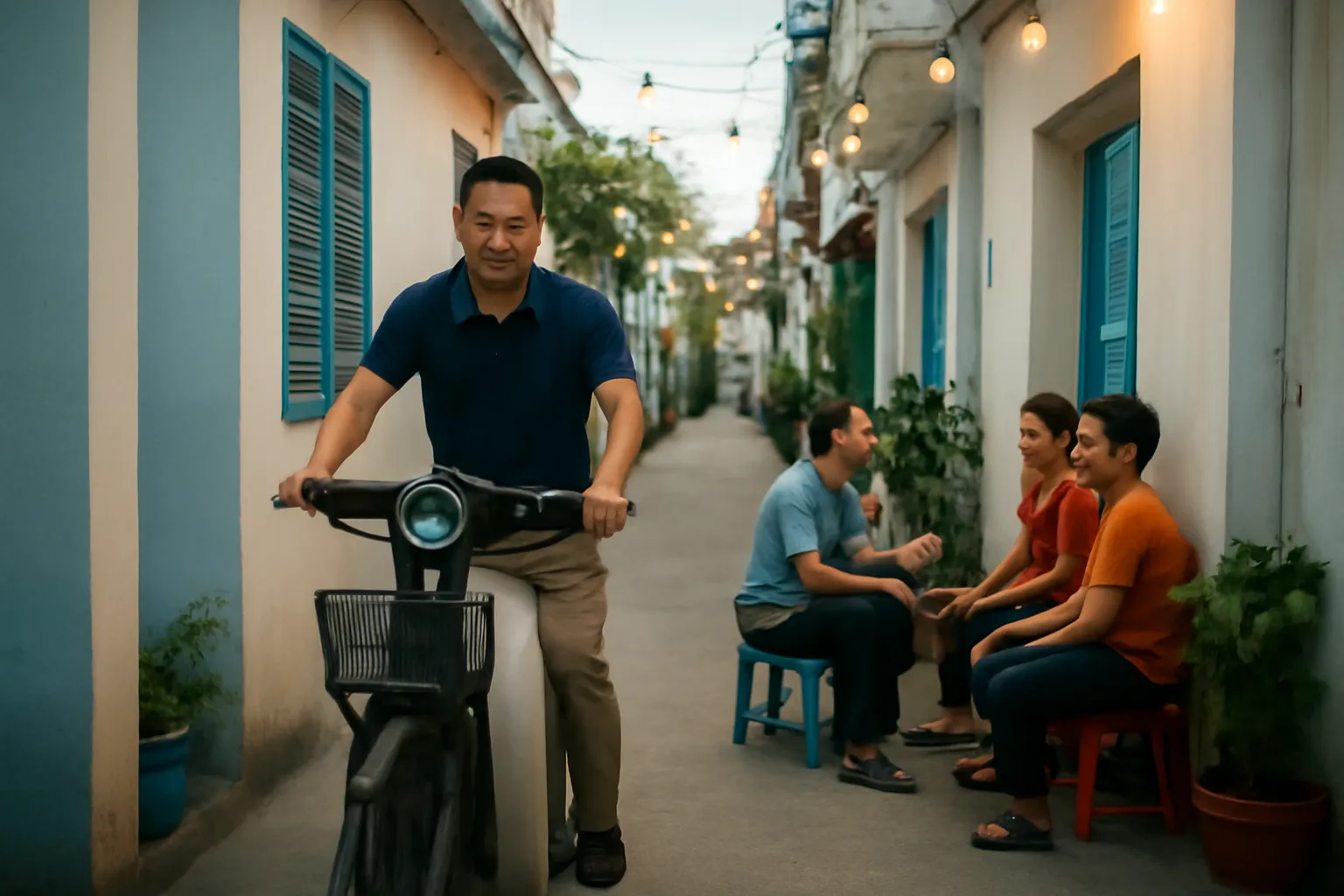 Người đàn ông dắt xe máy vào con hẻm nhỏ lúc chạng vạng