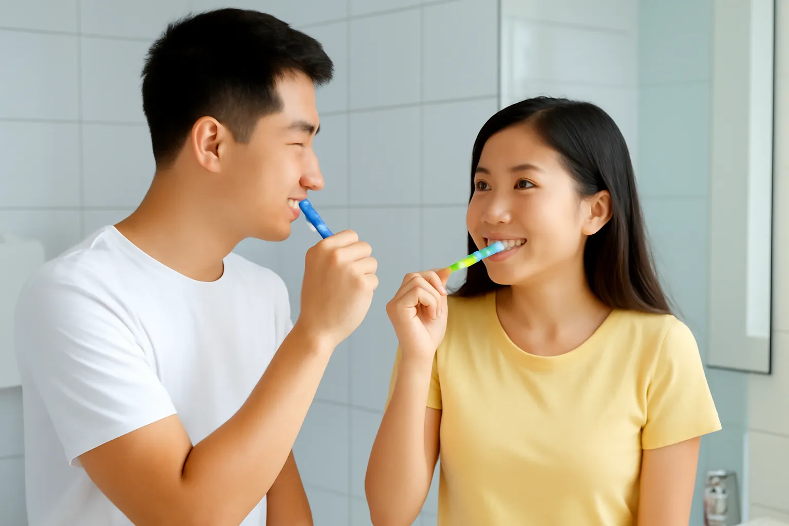 Vợ chồng trẻ đứng cạnh nhau đánh răng trước gương phòng tắm buổi sáng