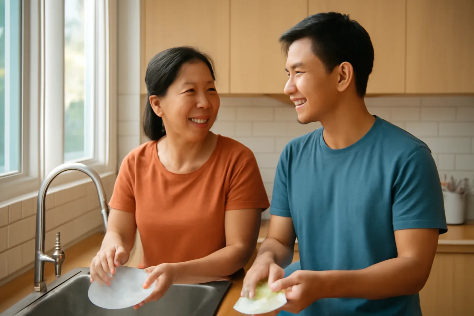 Người con trai trưởng thành rửa bát cùng mẹ trong gian bếp gia đình