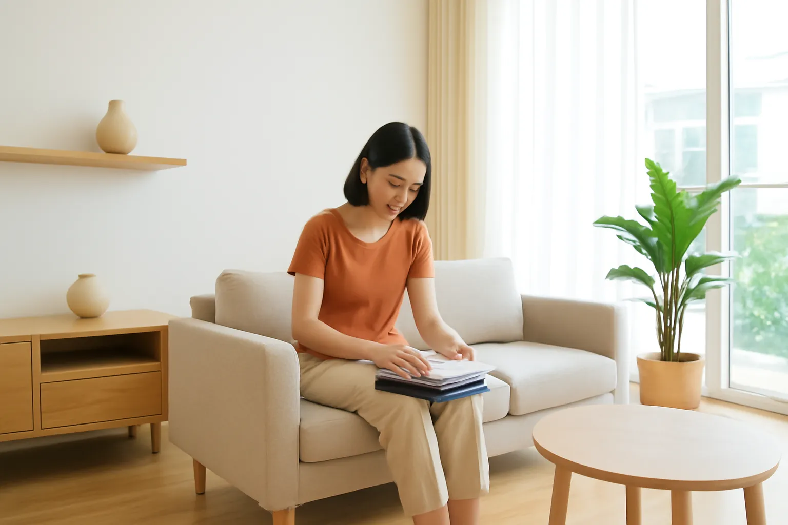 Người phụ nữ gấp gọn chồng quần áo nhỏ trên sofa trong phòng khách thoáng, ít đồ