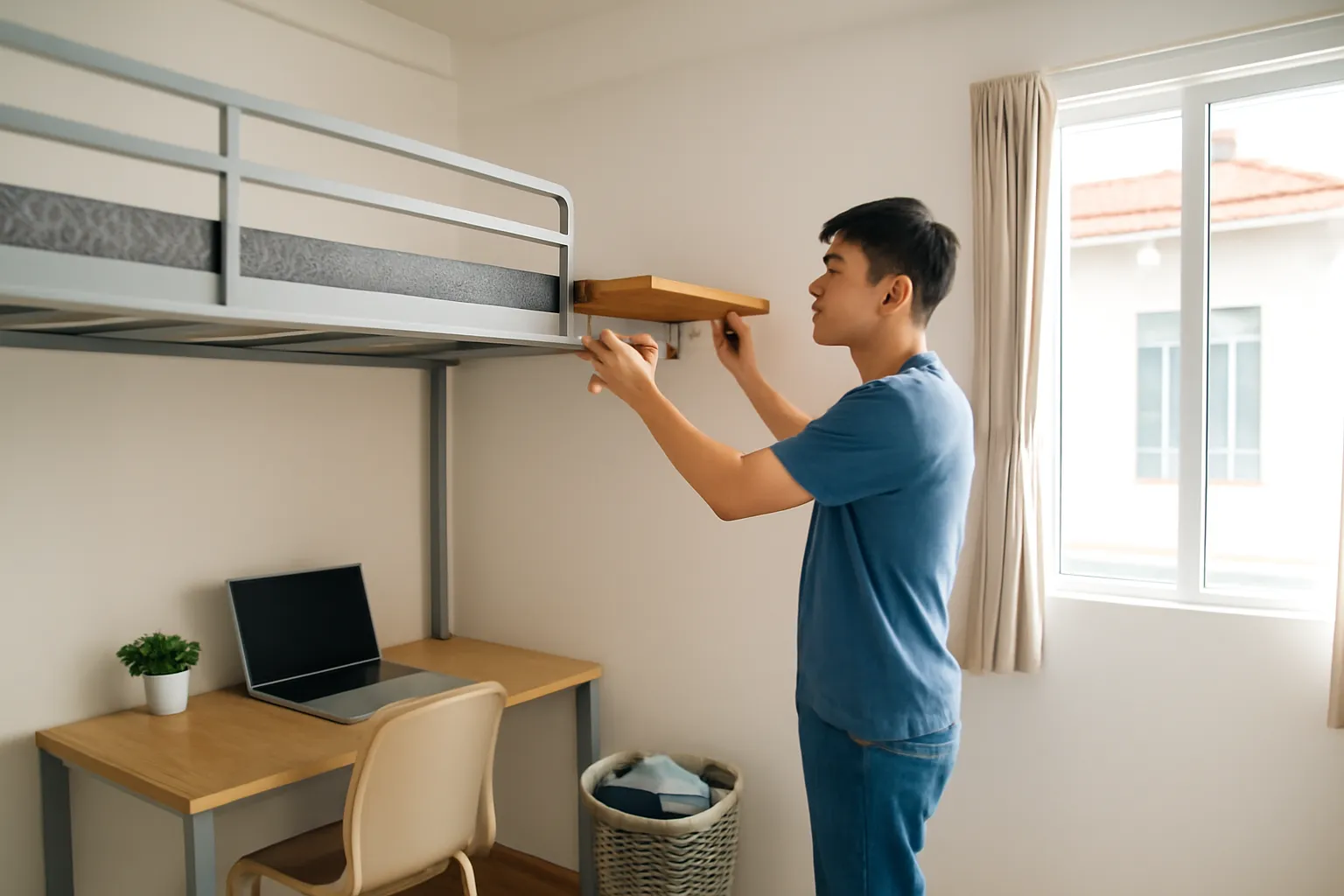 Chàng sinh viên treo kệ nhỏ trên tường phòng trọ chật