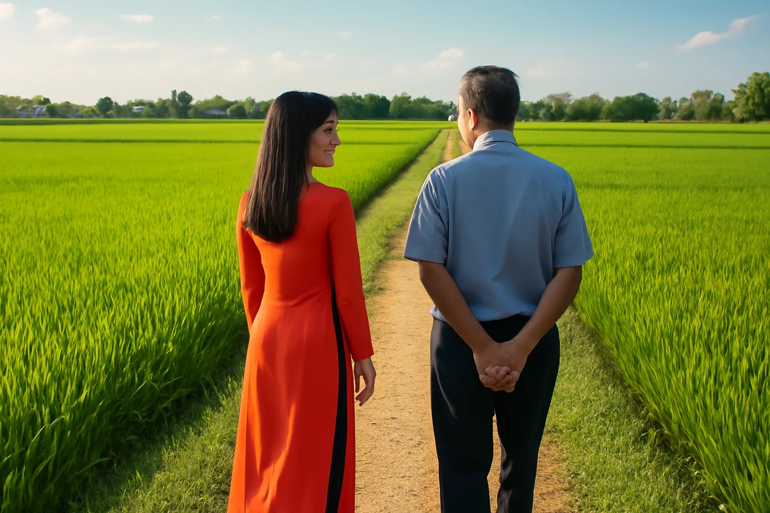 Cô con gái và người bố đi dọc bờ ruộng buổi chiều, trò chuyện