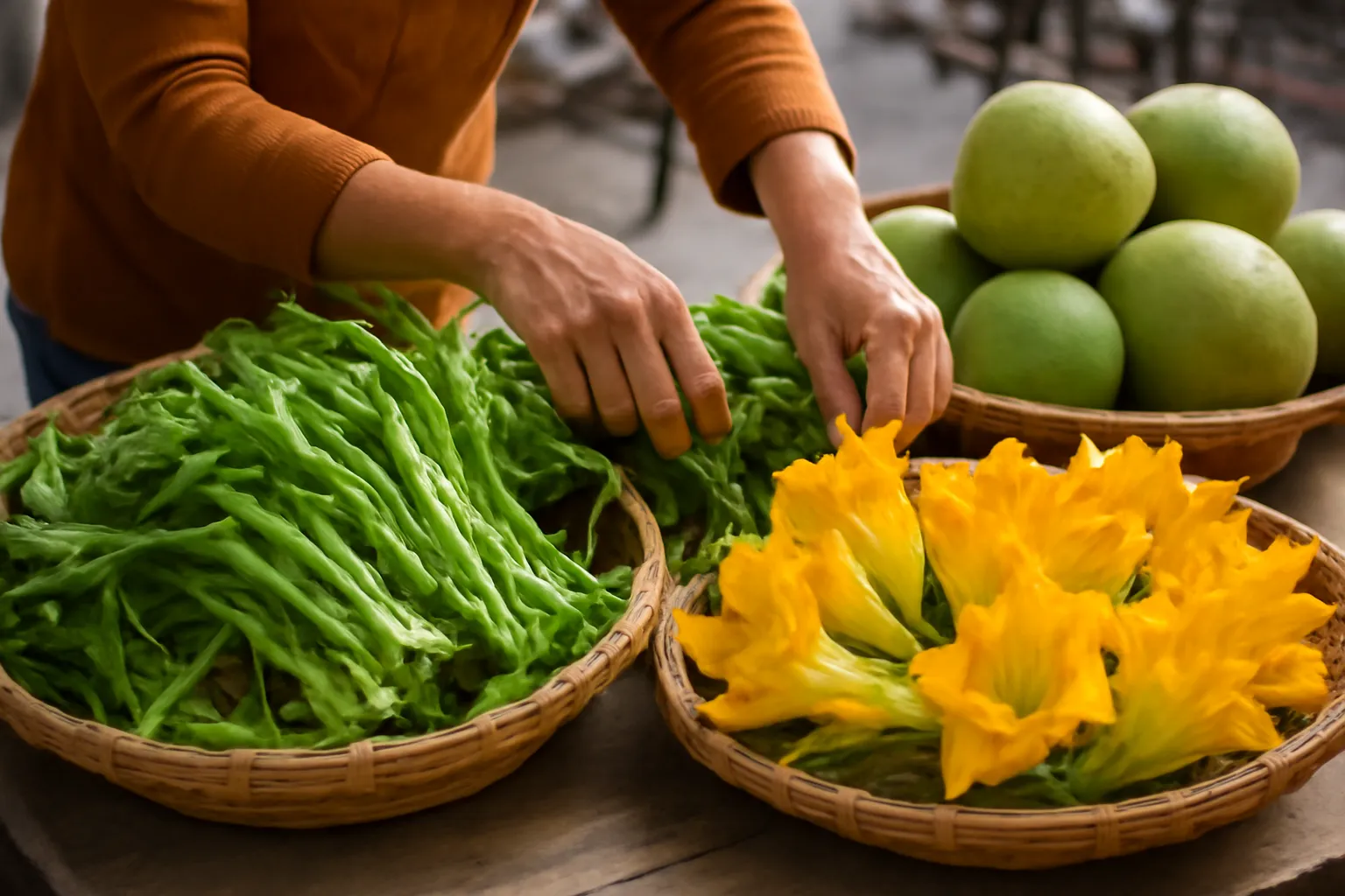 Rổ rau củ theo mùa bày ở sạp chợ sáng dưới nắng sớm