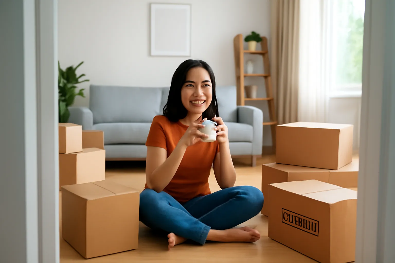 Người phụ nữ ngồi giữa phòng khách đang dọn dở, tay cầm cốc trà