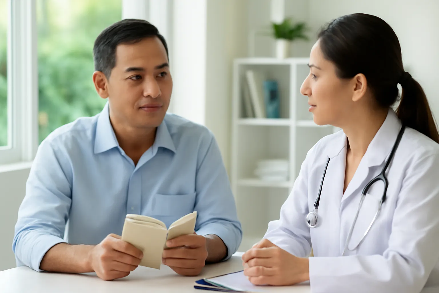 Người đàn ông trung niên cầm sổ nhỏ trò chuyện với nữ bác sĩ