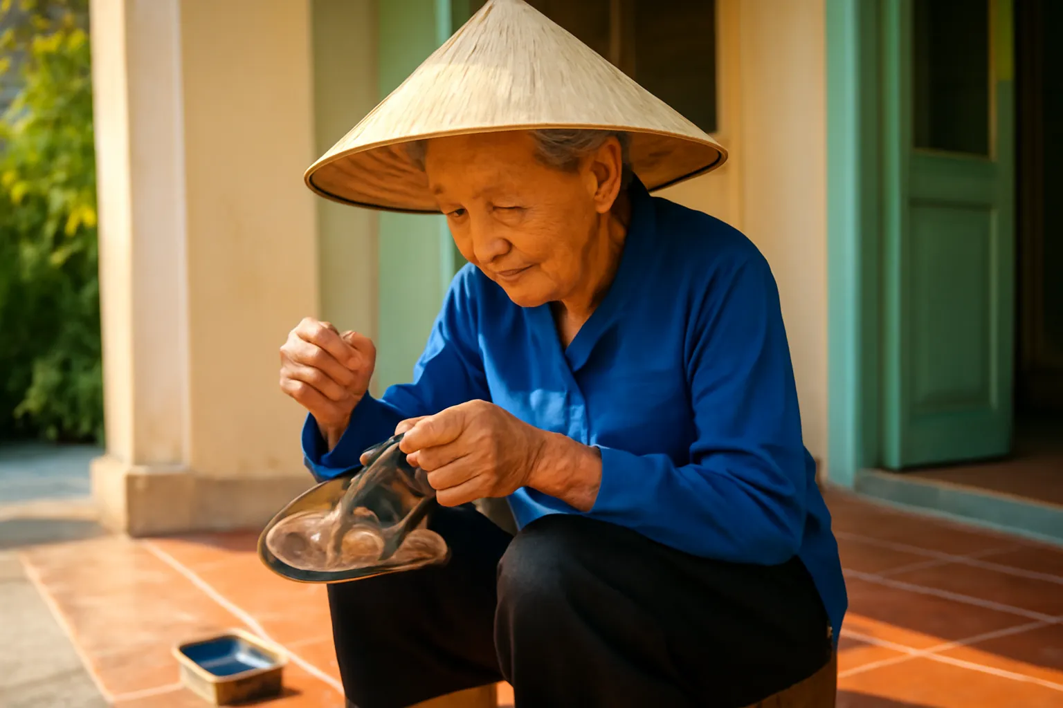 Bà cụ ngồi trước hiên khâu lại quai dép
