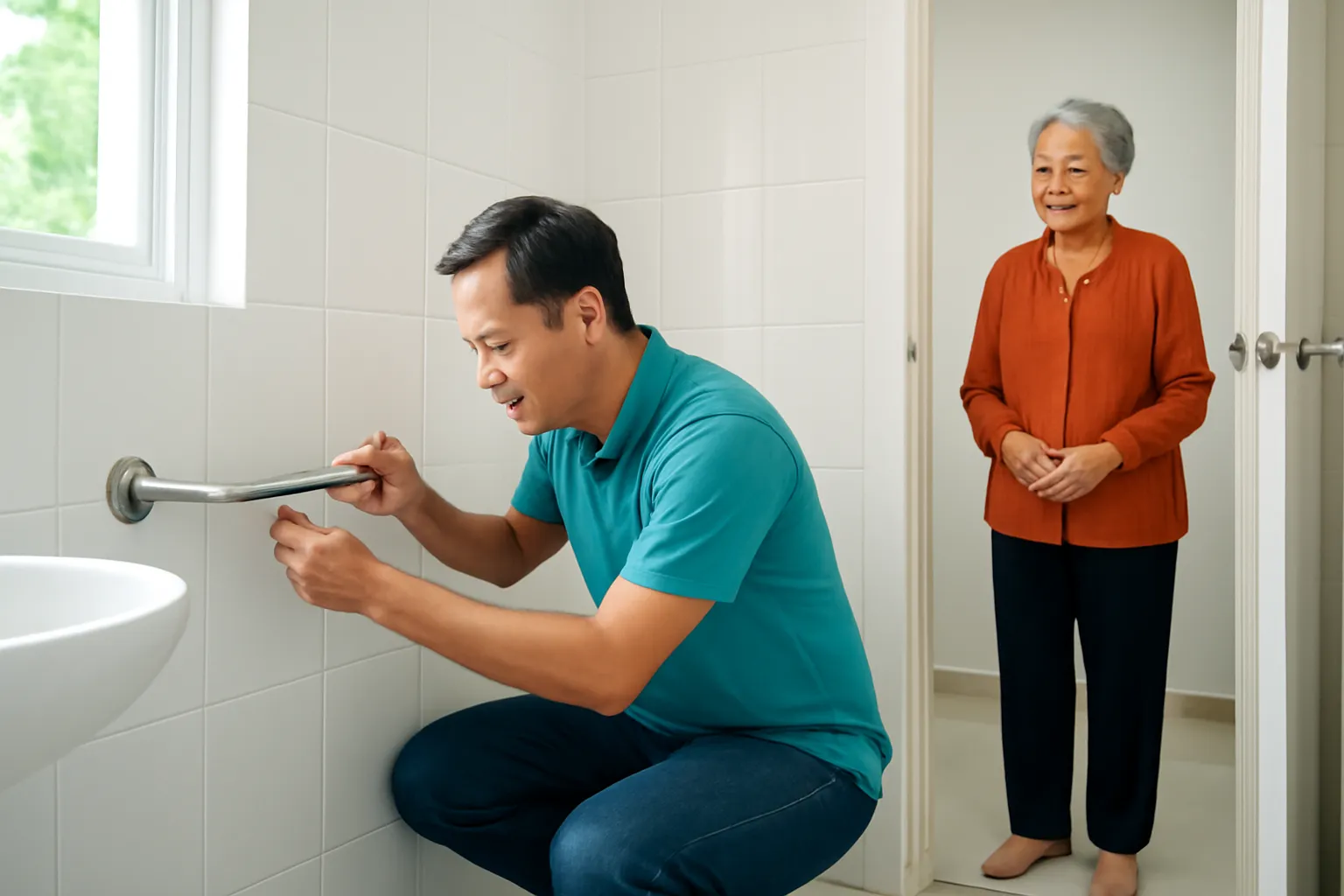 Người con trai đang lắp tay vịn trong nhà tắm sáng sủa cho bố mẹ già
