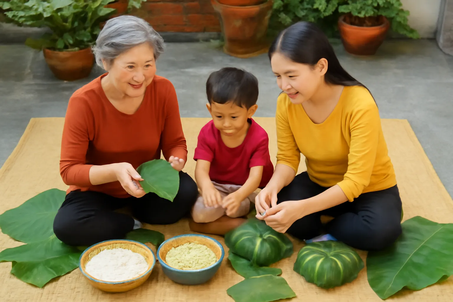 Cả gia đình ngồi gói bánh chưng trên chiếu ở sân nhà, lá dong xanh xếp chồng