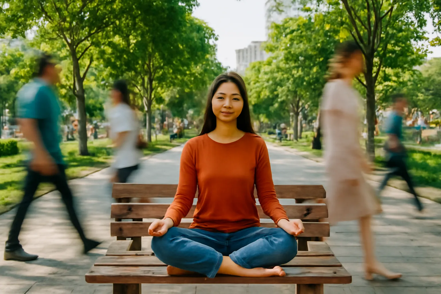 Cô gái ngồi xếp bằng nhắm mắt trên ghế đá công viên, người qua lại mờ xung quanh