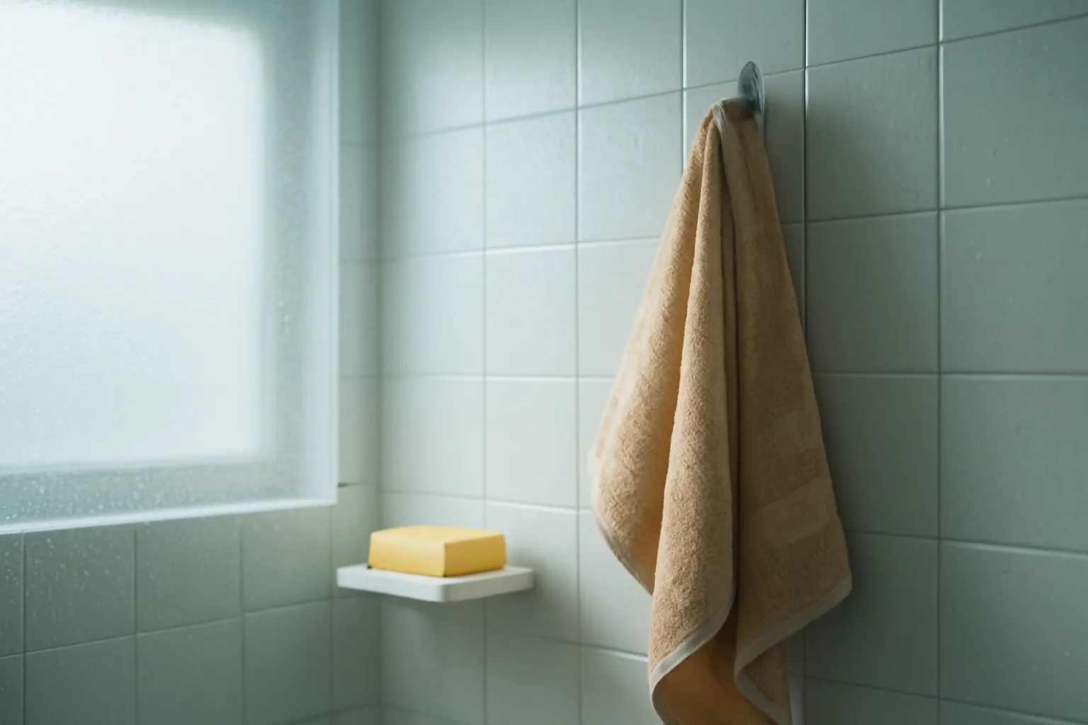 Hơi nước và giọt nước trên tường gạch men phòng tắm, khăn treo trên móc
