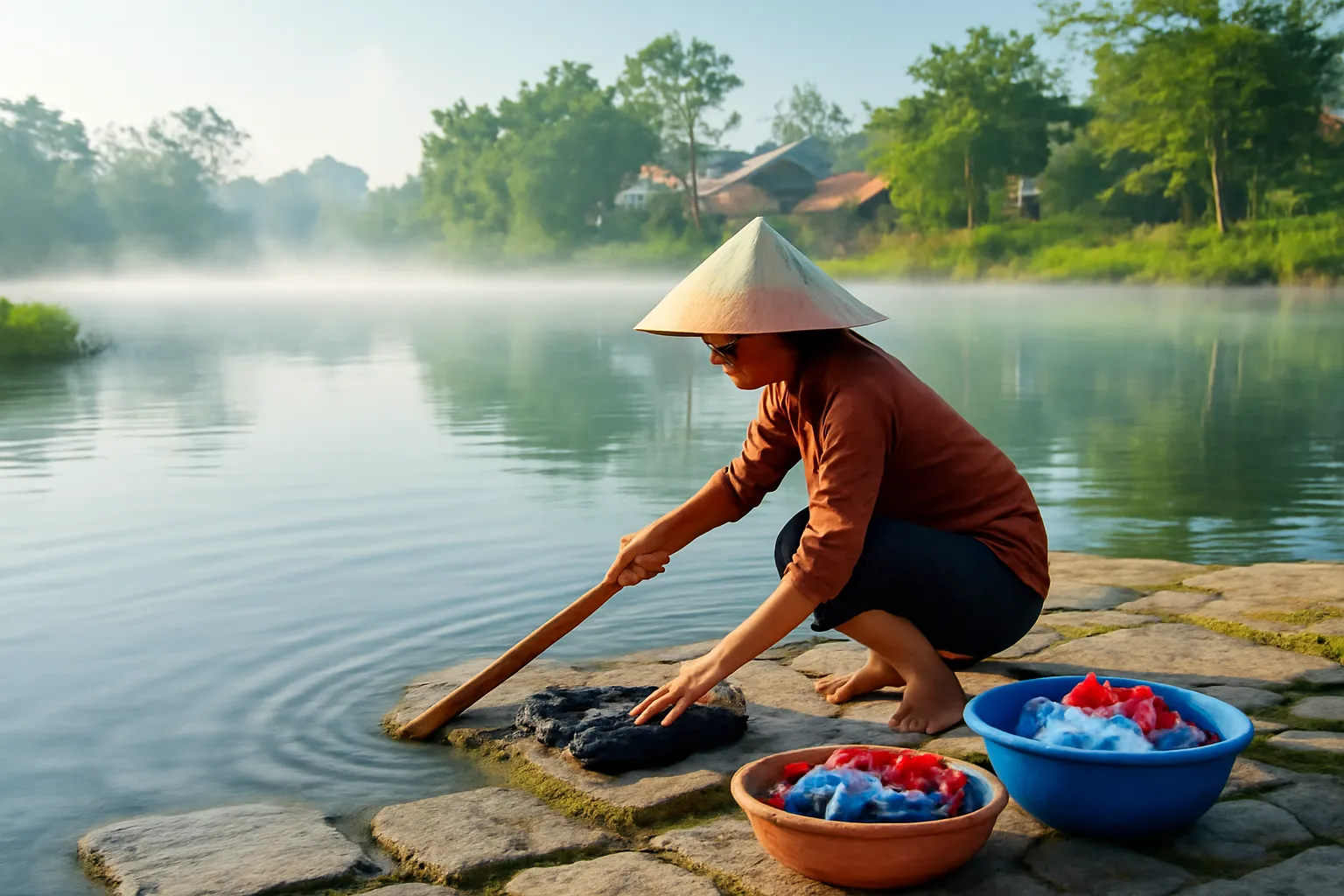 Bậc đá bên bờ sông, người phụ nữ giặt quần áo lúc sáng sớm