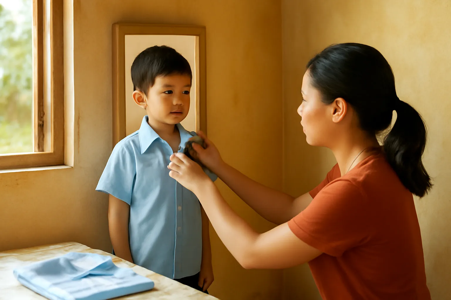 Đứa trẻ thử quần áo mới trước gương, người mẹ chỉnh lại cổ áo